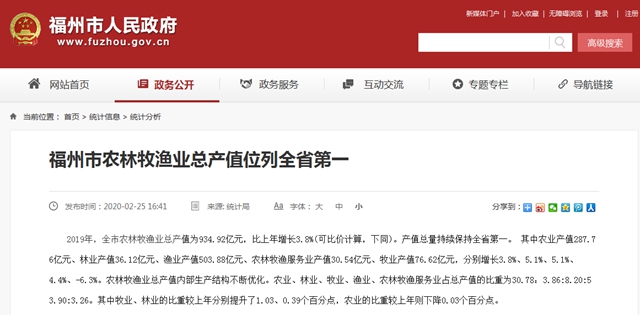 2019年，福州市農(nóng)林牧漁業(yè)總產(chǎn)值位列全省第一