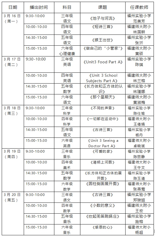 第四周福建省小學(xué)“空中課堂”課表來啦！