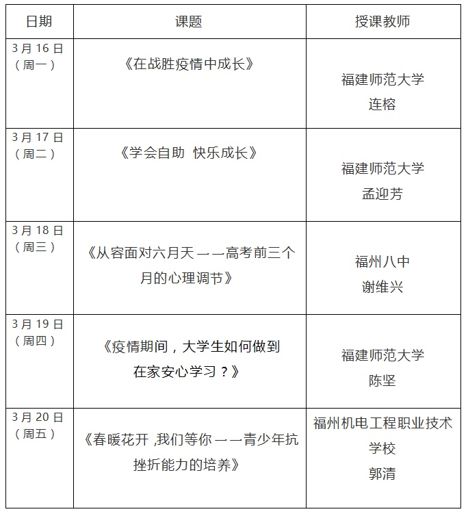 第四周福建省小學(xué)“空中課堂”課表來啦！
