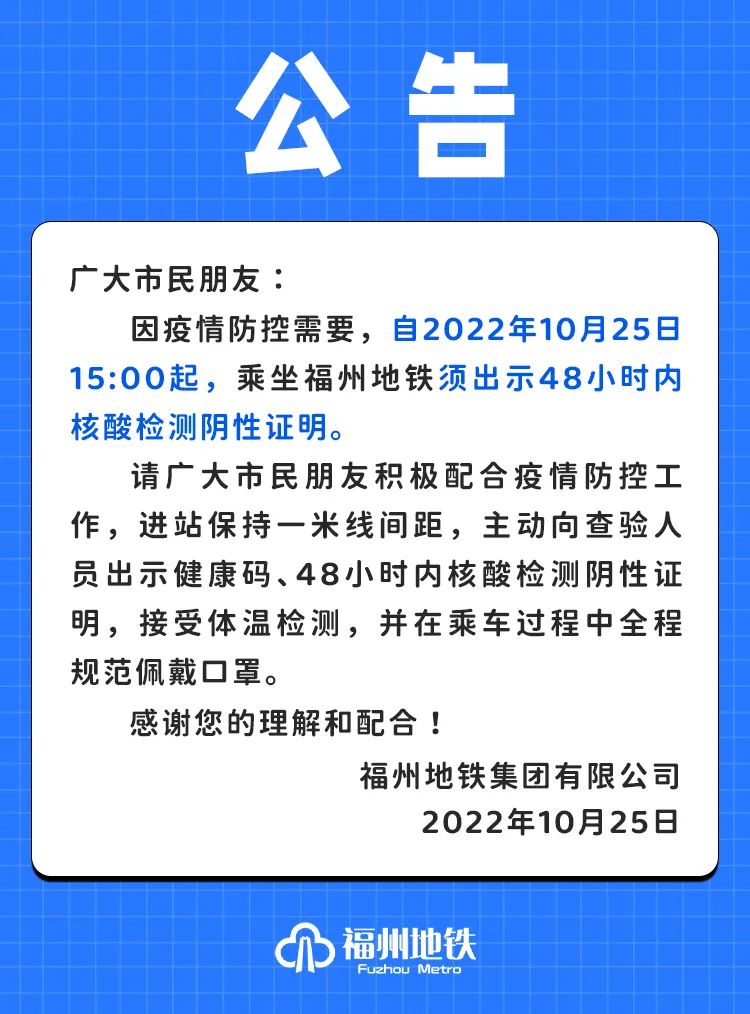 今天15時(shí)起，乘福州地鐵須出示48小時(shí)內(nèi)核酸證明！（附長(zhǎng)樂(lè)最新地鐵周邊采樣點(diǎn)）